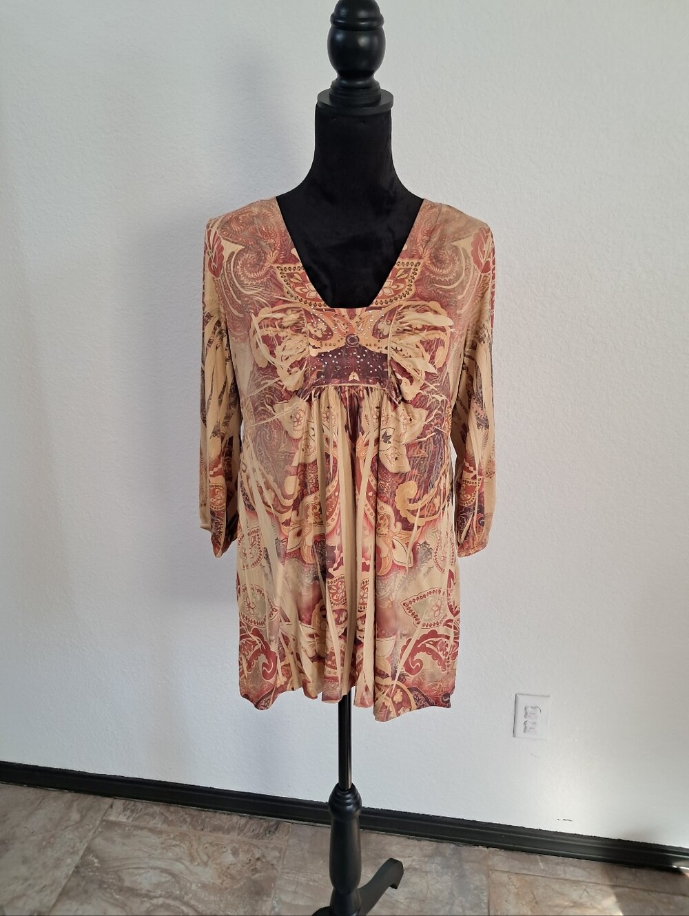 Vintage Y2K Burnout Babydoll Tunic Gold Yellow Eclectic Artsy Boho Chic Lg